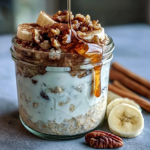 Kremige Bananenbrot-Übernacht-Haferflocken mit Walnüssen, dekoriert mit Bananenscheiben und einem Hauch Zimt.  