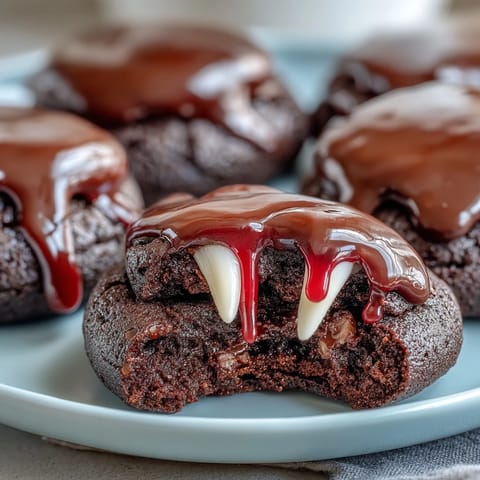Schokoladen-Vampir-Kekse mit Bonbonzähnen: Dunkle, dekadente Kekse mit knusprigen Bonbonzähnen und roter Gelfrosting-Blutspritzer für gruselige Halloween-Süßigkeiten.