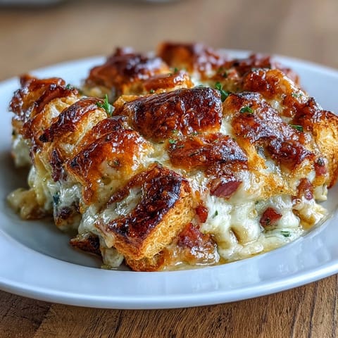 1. Ham and Cheese Croissant Bake Casserole mit goldbraunen, buttrigen Croissants, würzigem Schinken und geschmolzenem Käse – perfekt für ein gemütliches Brunch-Gericht.  