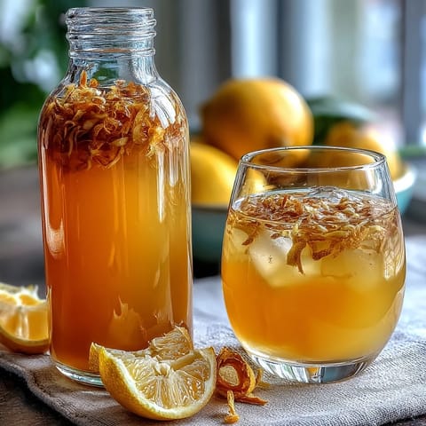 Hausgemachter Limoncello mit frischen Zitronen in einem Glas mit gelber Flüssigkeit und Zitronenscheiben.