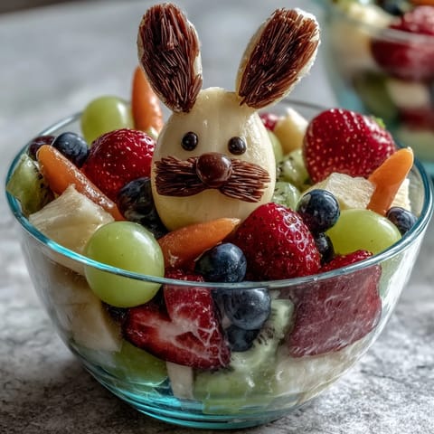 Kleine, bunte Obstbecher in Hasenform mit frischen Erdbeeren, Trauben, Blaubeeren und Ananas.