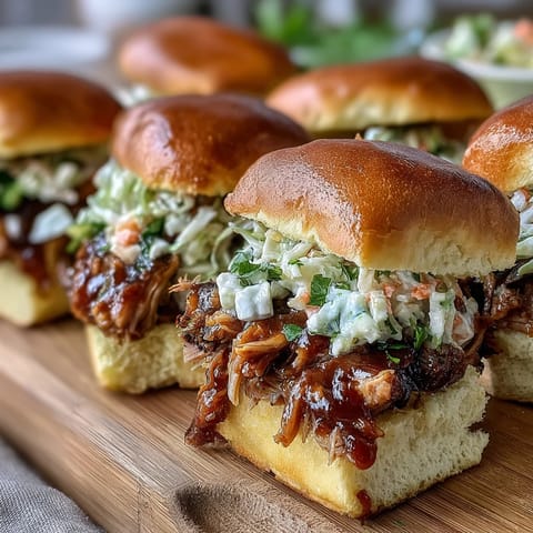 Zarte, rauchige BBQ Pulled Pork Sliders mit cremigem Krautsalat, perfekt für festliche Anlässe wie Baby-Shower.