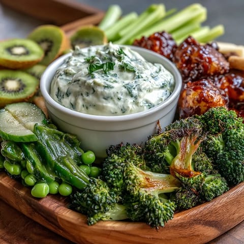 Festlicher Teller mit grünen Snacks und Dips für St. Patricks Day