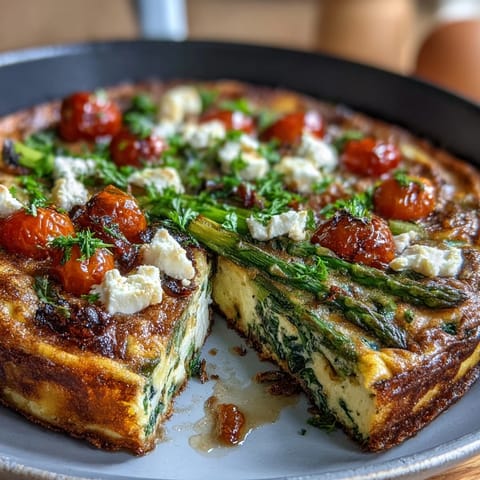 Gesunde einfache Frühlingsgemüse-Frittata mit frischem Spargel und Feta, perfekt für ein leichtes Frühstück oder Brunch.