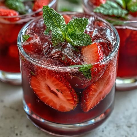 1. Ein erfrischendes Glas Homemade Starbucks Strawberry Açaí Refresher mit frischen Erdbeeren und Eis, perfekt für heiße Sommertage.  