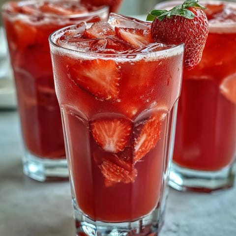 Rosafarbener Drink-Klon mit Erdbeer-Açaí und Kokosmilch in einem Glas mit Eiswürfeln.
