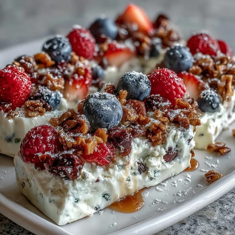 Erfrischender gefrorener Joghurt mit Beeren und knusprigem Granola, perfekt für heiße Sommertage.
