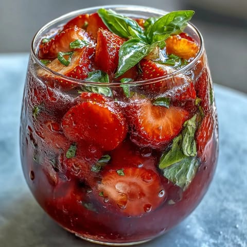 Frische Erdbeer-Basilikum-Sangria-Mocktail mit bunten Fruchtscheiben und duftenden Basilikumblättern.