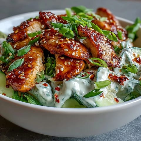 The flavorful TikTok Chili-Crisp Cucumber Chicken Bowl features juicy seared chicken over a cool cucumber salad.
