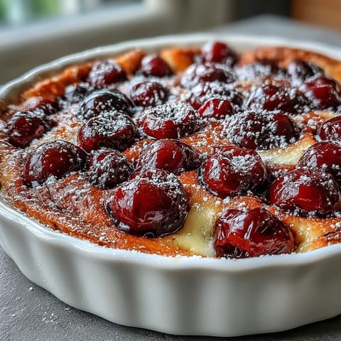 Frischer Kirsch-Clafoutis mit Vanille: Saftige Kirschen in cremiger Vanille-Custard-Basis.