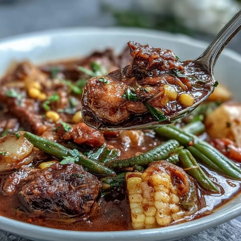 Einladender, dampfender Kentucky Derby Burgoo Eintopf, serviert mit Brot.