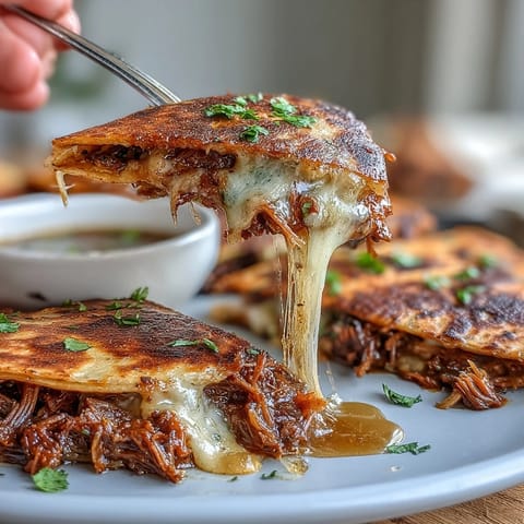Saftige Cinco de Mayo Birria Quesadillas mit herzhaftem Consommé-Dip.