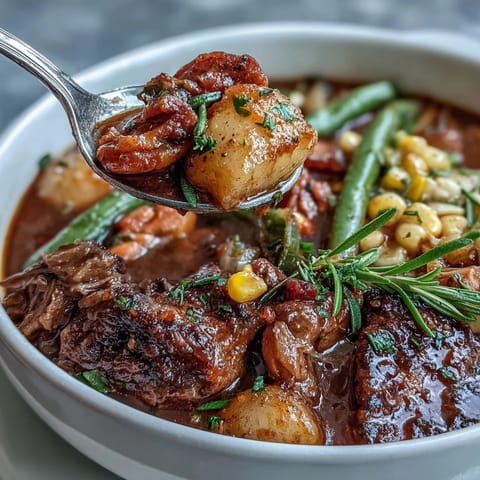 Herzhafter Kentucky Derby Burgoo Eintopf, voller zarter Fleischsorten und Gemüse.