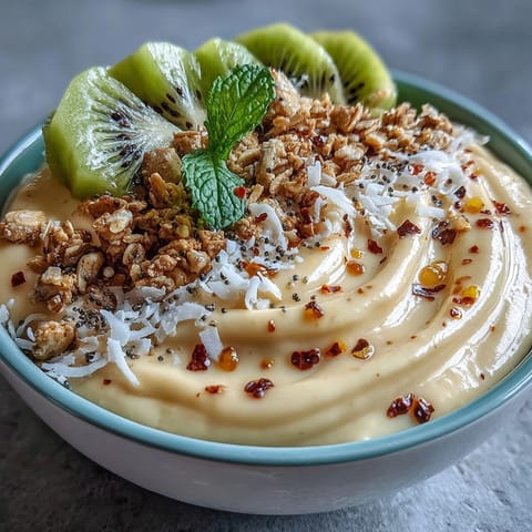 Cremige Mango Chili Lime Smoothie Bowl, garniert mit frischen Früchten und Granola.