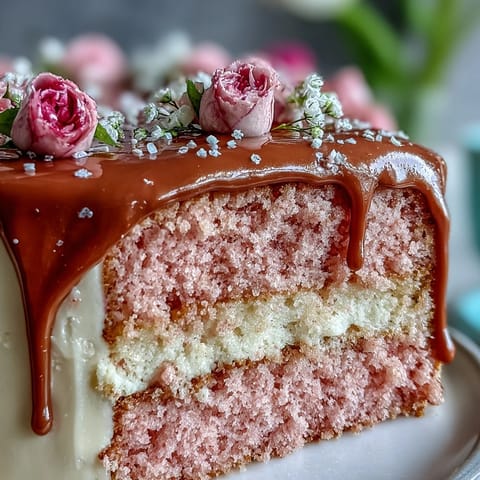 Ein zarter Hochzeitsdusche Rosé Velvet Kuchen mit schimmerndem Gold-Drip.