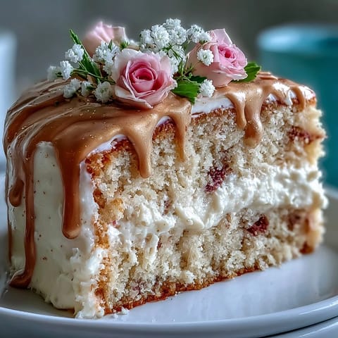 Glänzender Rosé-Samtkuchen mit goldenem Guss steht festlich bereit.