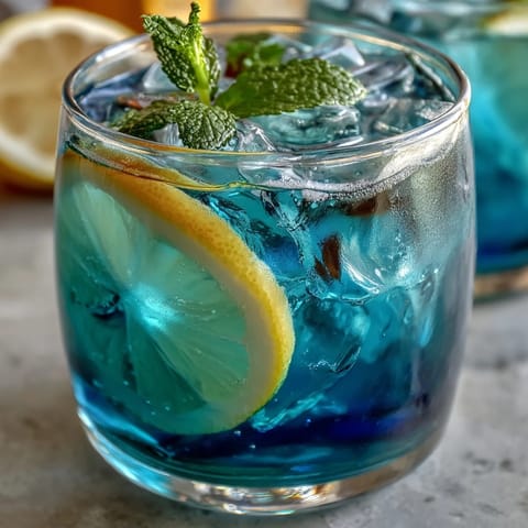 Farbwechselndes Butterfly Pea Flower Lemonade-Getränk mit frischen Zitronen und Minze.