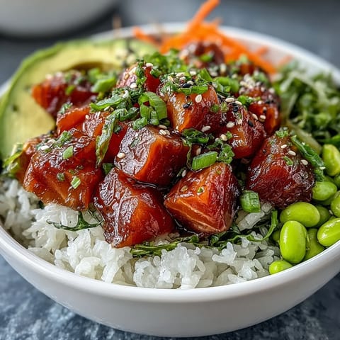 Herzhafte Lachs Poke Bowl mit cremiger Avocado bereit zum Genießen.