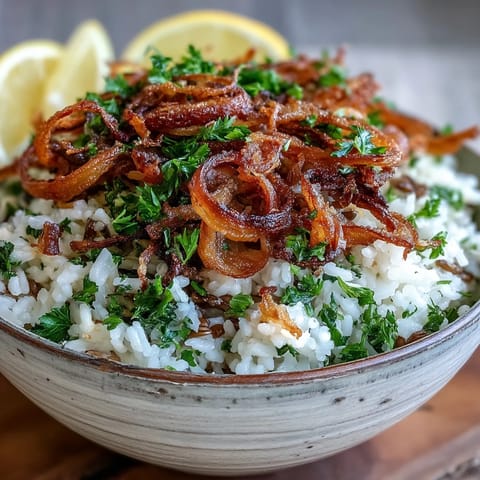 Saftiges Levantine Mujadara mit saftigen Linsen und aromatischen, knusprigen Zwiebelschichten.