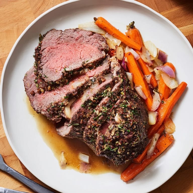 Aromatischer festlicher Braten mit zarten Gemüsen, perfekt für besondere Anlässe.