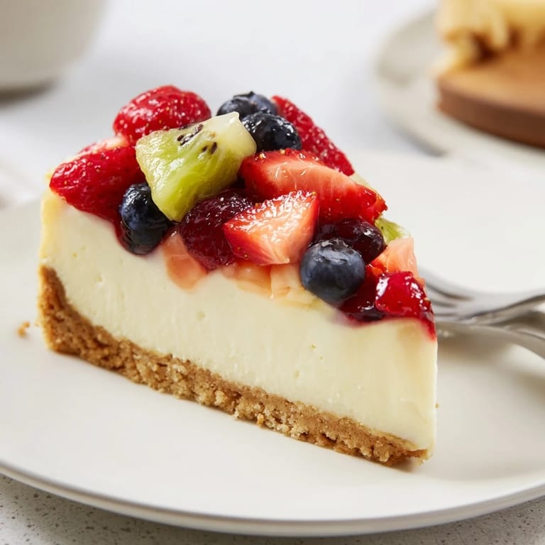 Ein köstlicher Quark-Cheesecake, gekrönt mit saftigen Früchten und Aprikosenmarmelade.