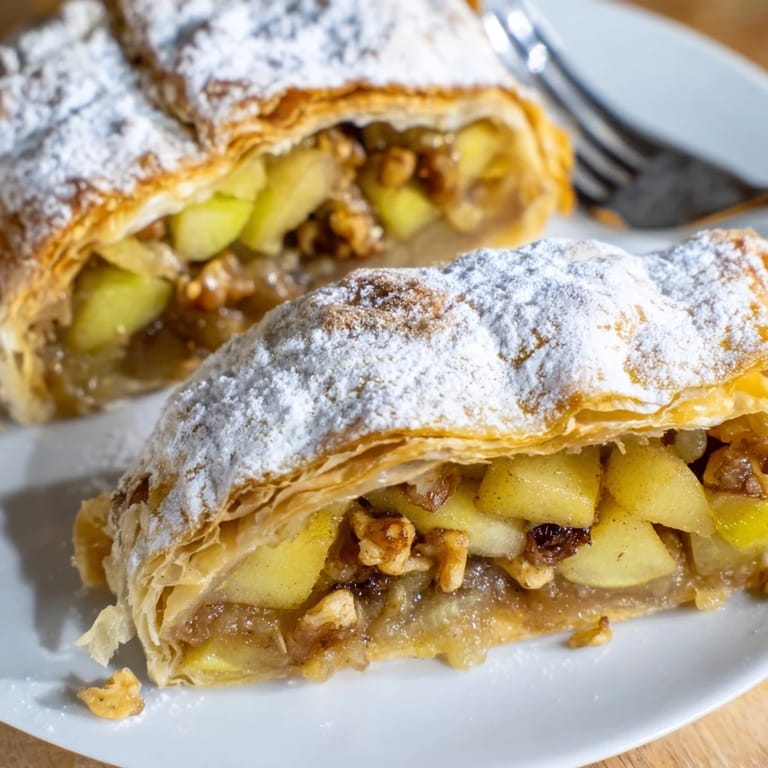 Goldbrauner Apfelstrudel, umhüllt von knusprigem Teig und liebevoll bestäubt mit Puderzucker.  