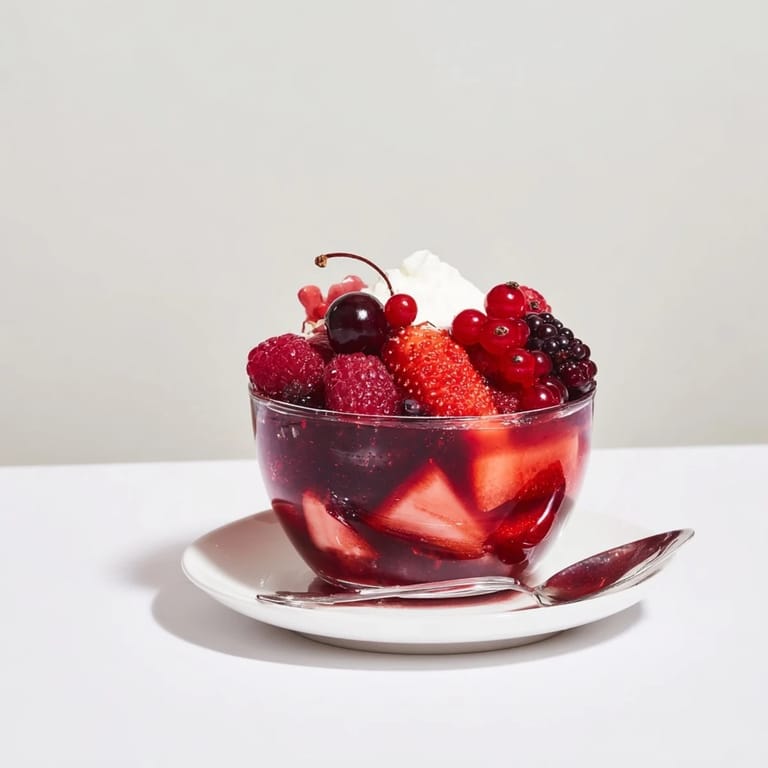 Kühle, pralle Berry Rote Grütze, ergänzt mit frischen Beeren und Sahne.  
