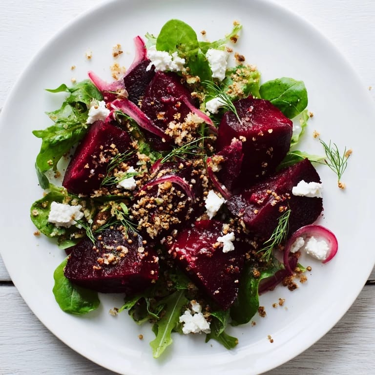 Golden toasted rye breadcrumbs topping a vibrant warm beet and caraway seed salad.