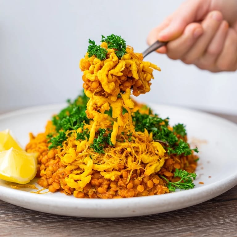 Delicious vegan German Dahl & Spätzle bowl with tender spätzle and flavorful lentil dahl, a warm supper.