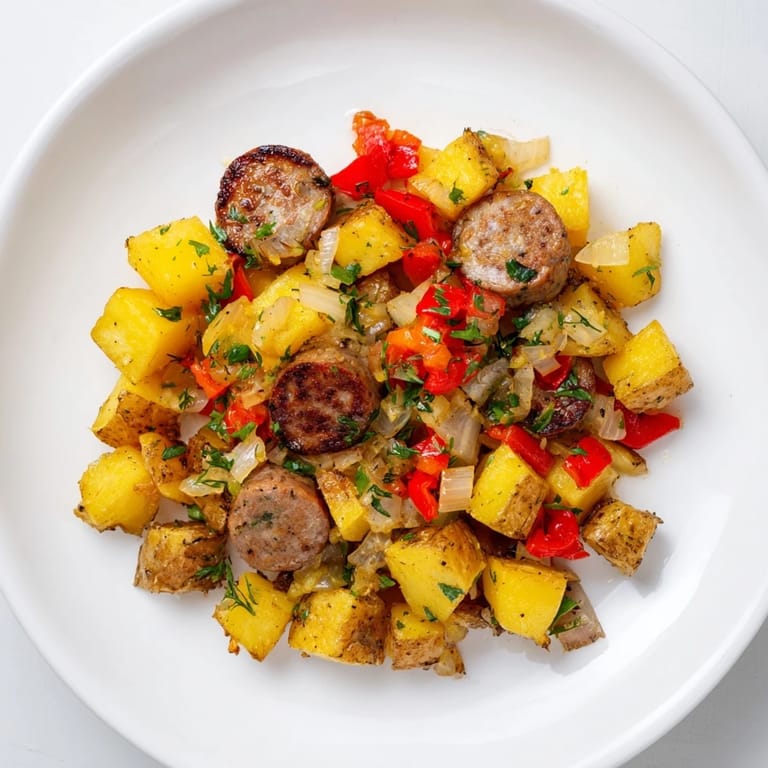 Delicious, sizzling Breakfast Bratwurst Hash, a German-American breakfast skillet, perfect for sharing.