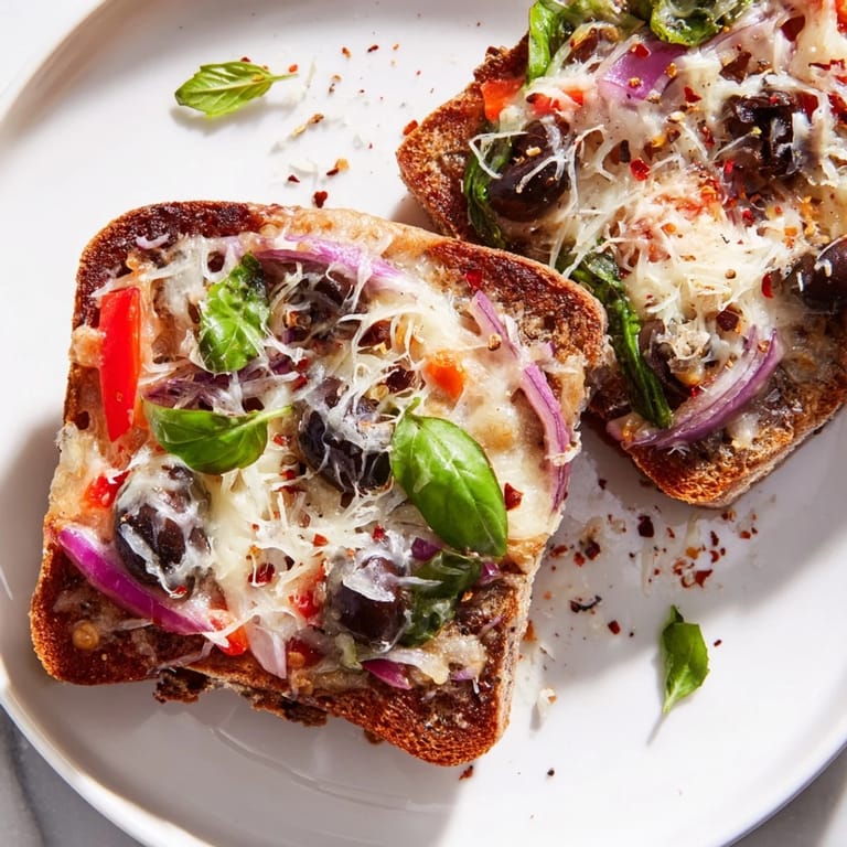 Close-up shot: a delicious marble rye pizza toast slice with melted cheese and fresh basil.