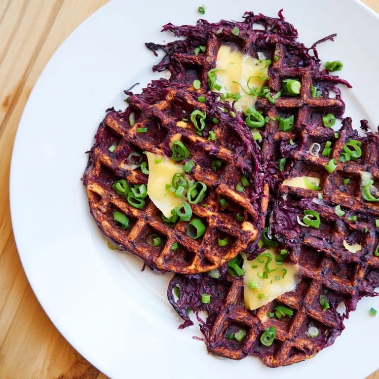 Savory Crispy Red Cabbage Waffles, piled high and ready to be served for a delicious brunch.