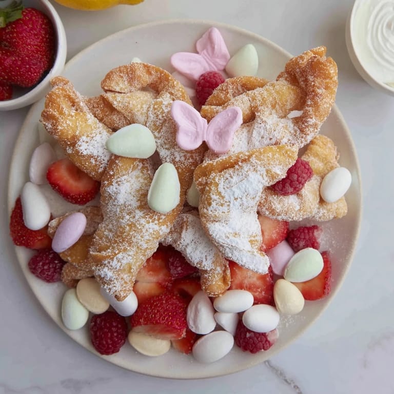 Dusty angel wings, a traditional Polish pastry, create a stunning dessert board alongside colorful treats.