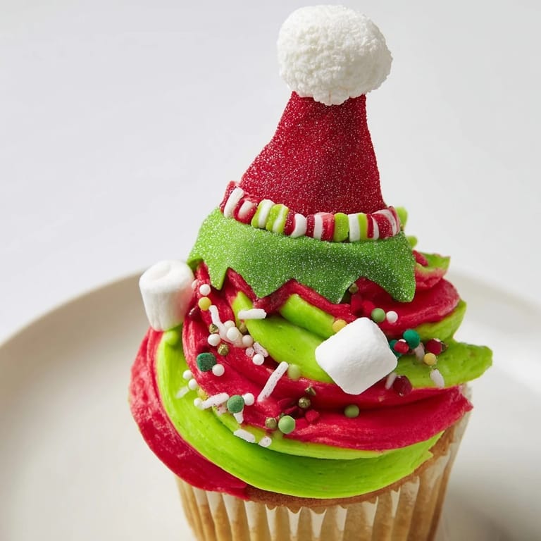 Festive Elf Hat Cupcake Tower: A whimsical dessert with colorful elf hat decorations, perfect for holidays.