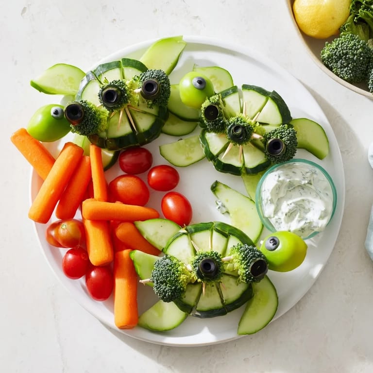 Fresh, colorful Slow & Savory Turtle Crudités arranged as whimsical vegetable turtles, perfect for a party.