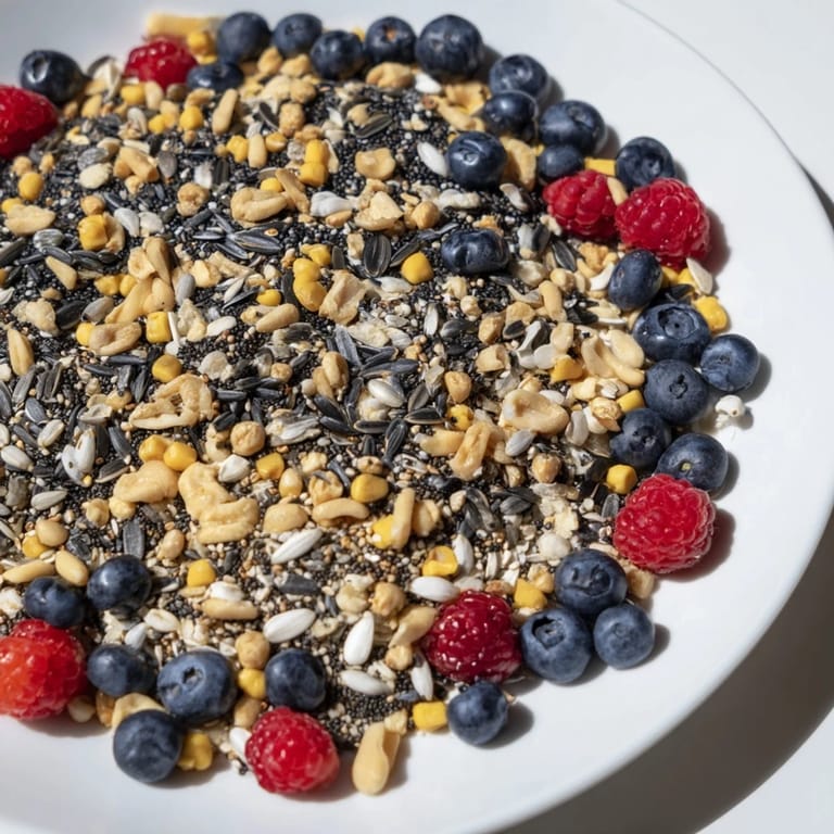 This Singing Bird Seed & Berry Platter has vivid red raspberries, blueberries, and halved grapes atop seeds for the birds.