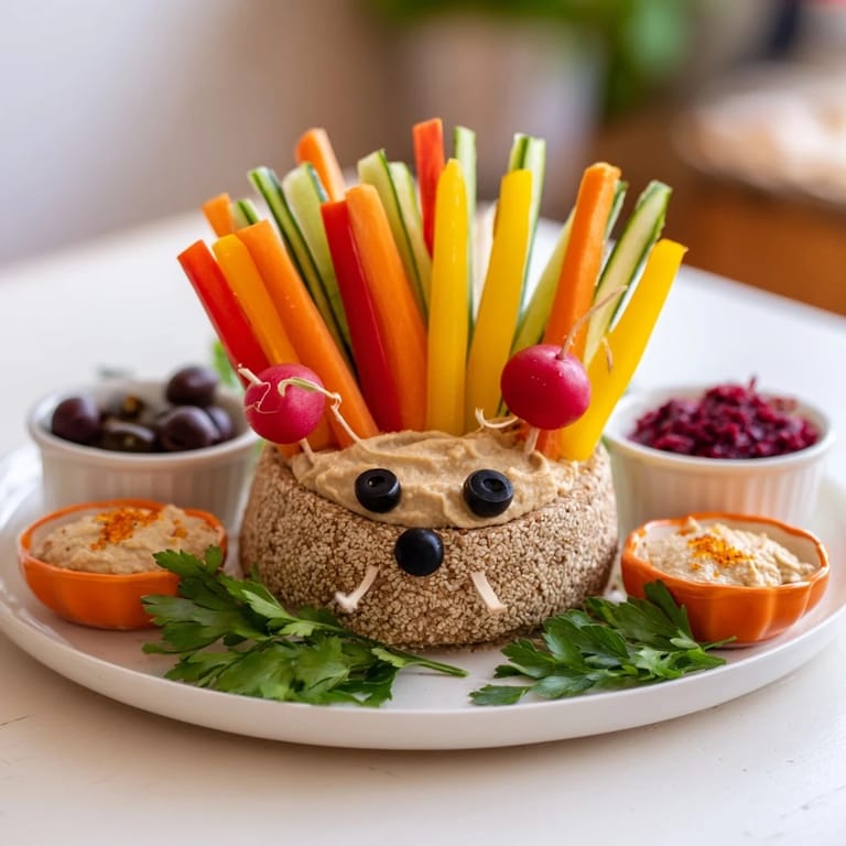 Delicious Autumn Hedgehog Dip Platter: a festive spread with colorful veggies and creamy dips to enjoy.