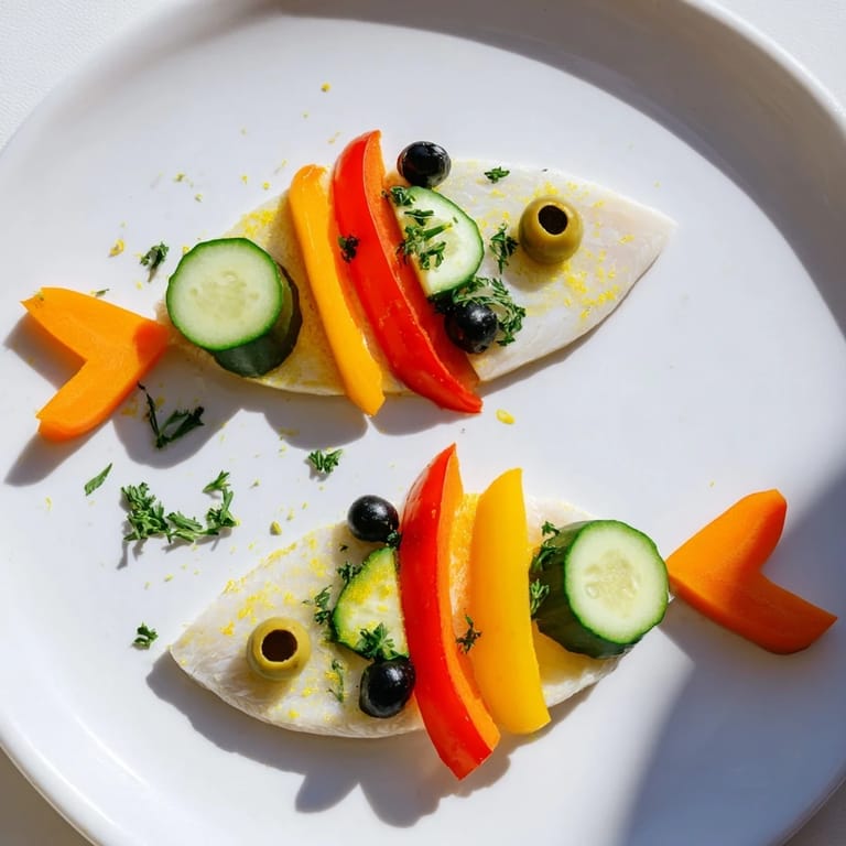 Delicious light fish-shaped meal on a white plate, garnished with fresh parsley and cucumber.