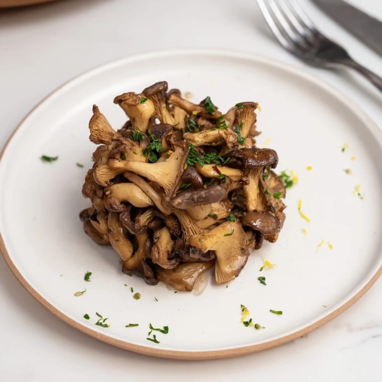 A close-up shot of the savory Enchanted Forest Mushrooms, showcasing golden-brown edges with fresh thyme.