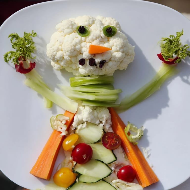 Snowman crudités with dip, a healthy and vibrant vegetarian appetizer, perfect for kids and parties.