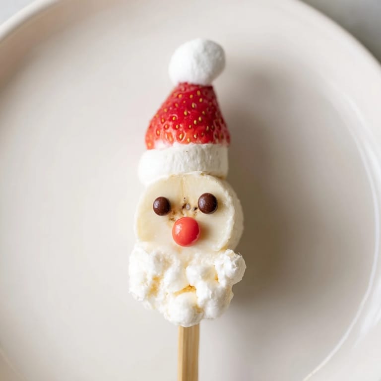 Festive Banana Santa Snack Sticks presented on skewers, a fun and colorful holiday snack option.