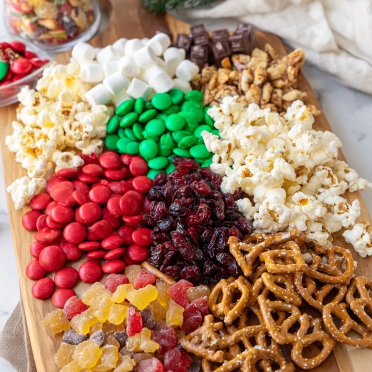 This enticing Elf Snack Trail Mix Board includes a delightful mix of sweet and salty holiday snack options.