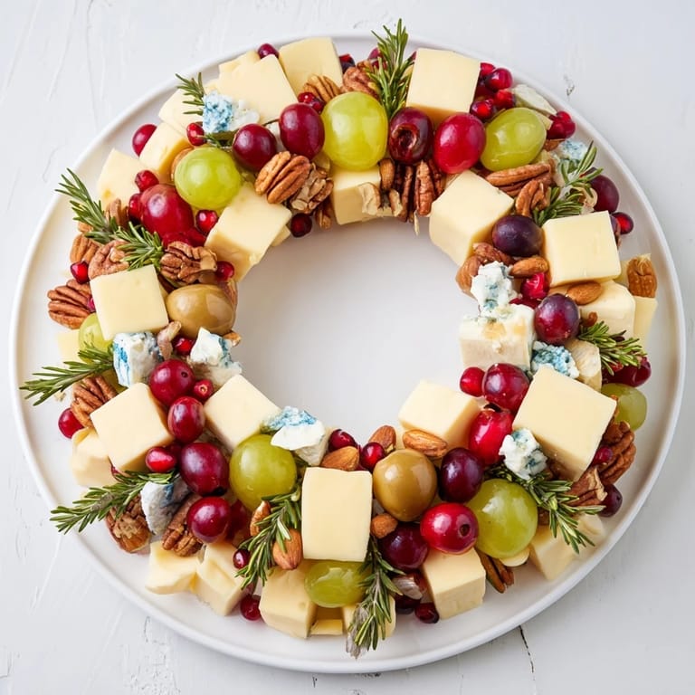 Festive Holiday Wreath Cheese Ring boasting a variety of cheese, grapes, and nuts, perfect for holiday gatherings.