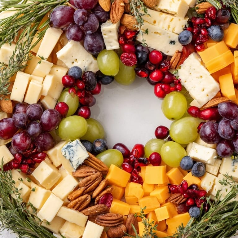 This Holiday Wreath Cheese Ring presents a beautiful arrangement of cheese, olives, and fresh herbs, a delicious centerpiece.
