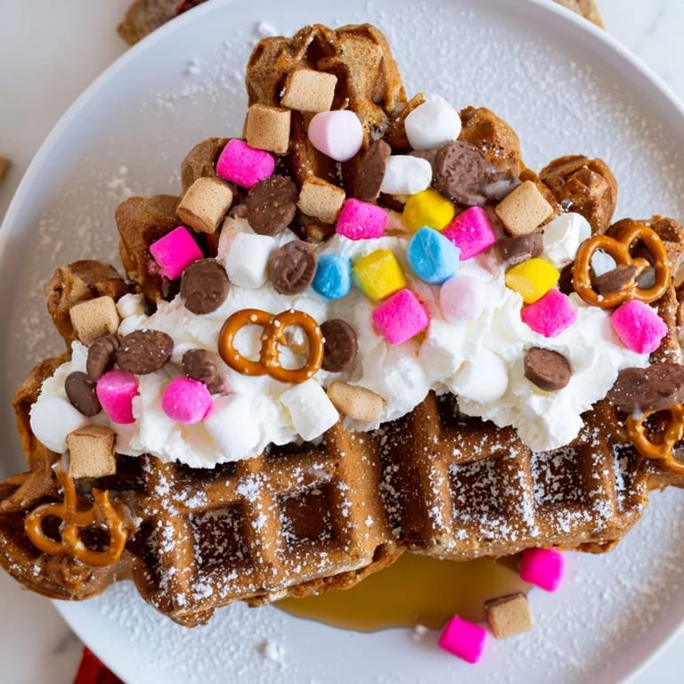 Build your own gingerbread house with fluffy waffles and whimsical toppings for a fun meal.