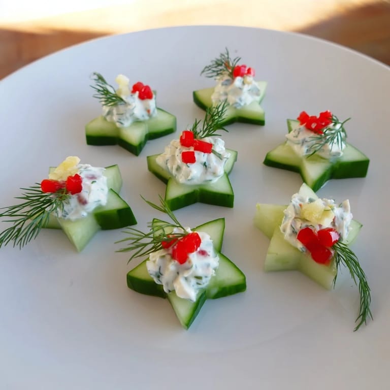 Bright, refreshing Cucumber and Dill Christmas Stars, perfectly shaped and ready to enjoy at a holiday party.