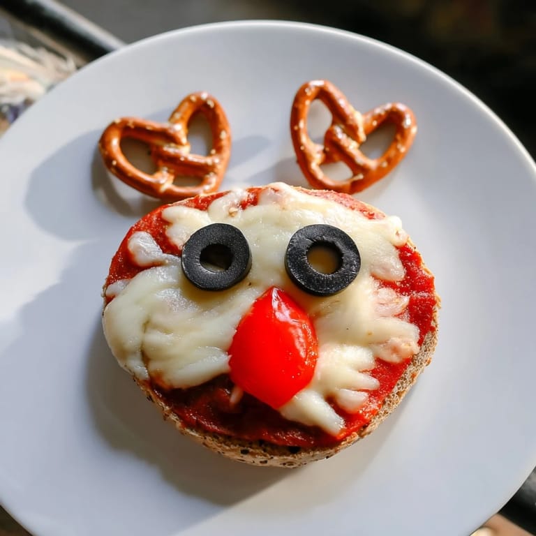 Crispy, cheesy Reindeer Face Pizza Bagels, generously topped with mozzarella, ready to make any meal magical.