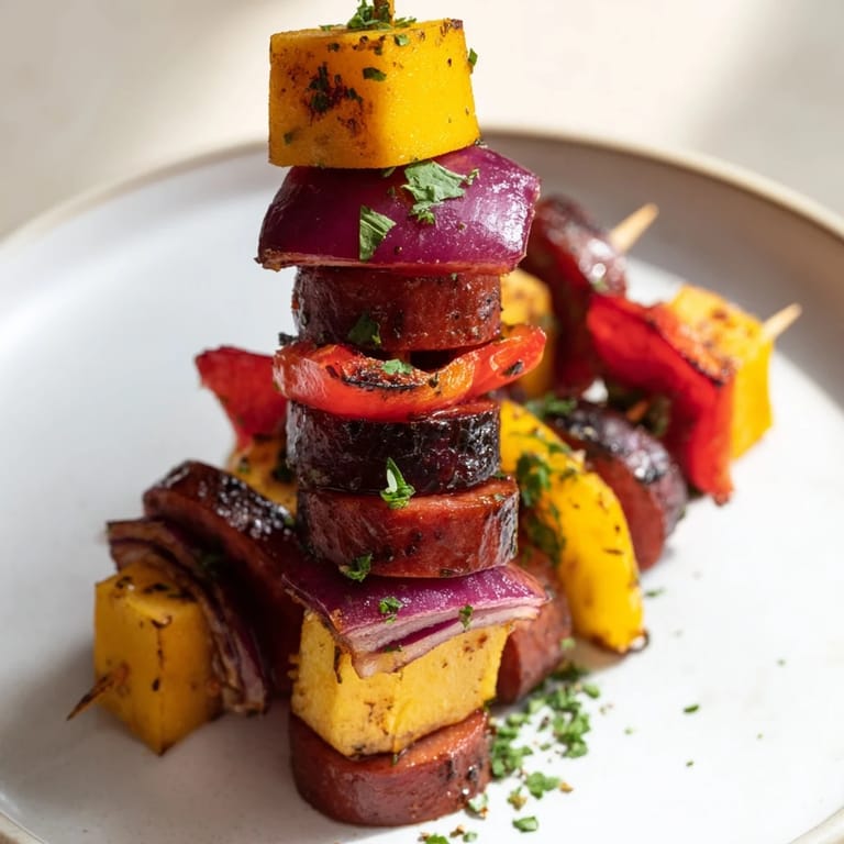 Delicious American appetizer: perfectly grilled Savory Skewers: Chimney Stack Sausage and Cheese, ready to serve.