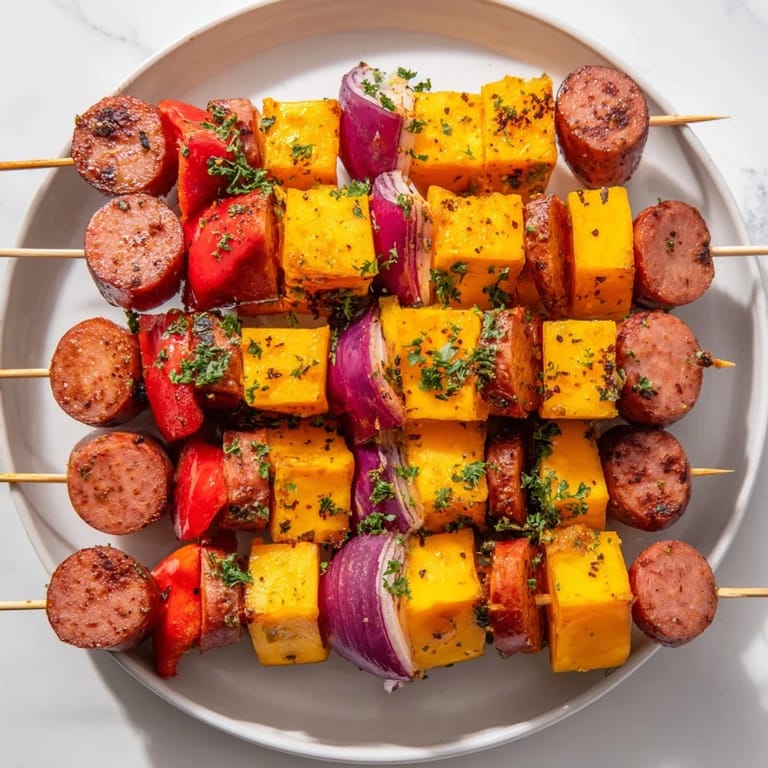 Enjoy grilled Savory Skewers: Chimney Stack Sausage and Cheese: warm sausage and melty cheese.