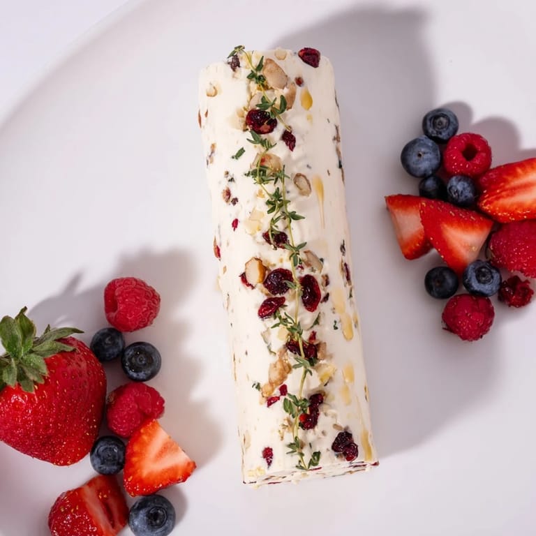 A close-up of a festive Cranberry & Goat Cheese Log, the perfect appetizer for your next gathering.